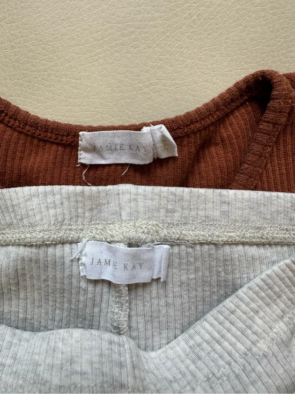 5 fits 4t Jamie Kay Ribbed Short Sleeve Essential Top in Copper & Oatmeal Pants